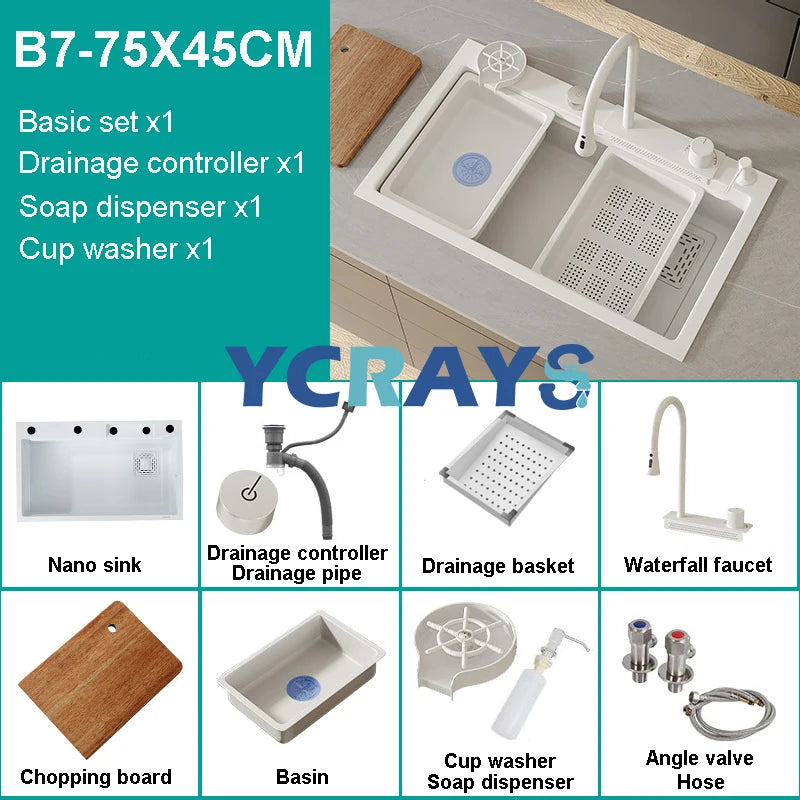 YCRAYS Nano Multifunction White Kitchen Sink Waterfall Faucet Large Single Bowl Wash Basin Cup Washer Pure Tap Soap Dispenser