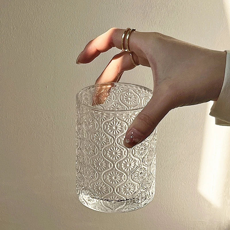 Begonia carved glass simple ice American latte coffee cup milk drink cup household water cup suitable for restaurants and coffee