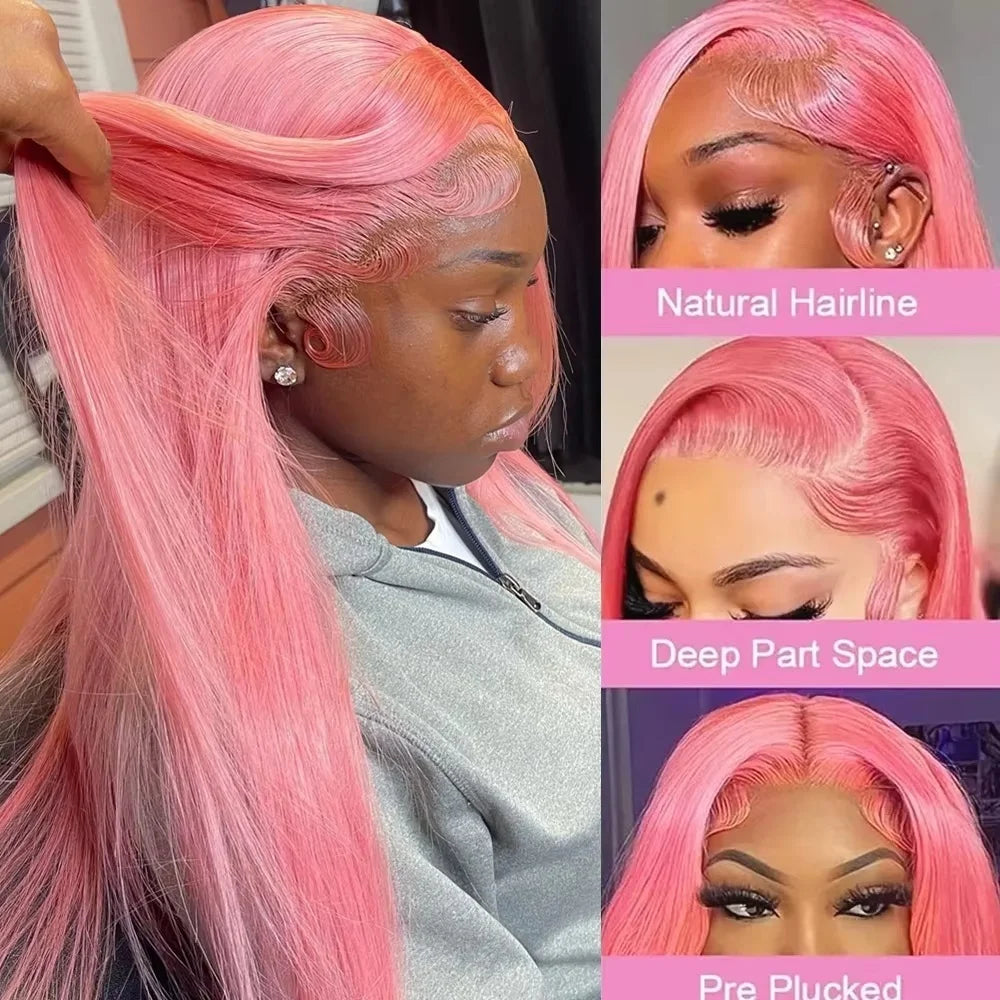 180% Density Straight Human Hair Wigs Pink Straight HD Lace Frontal Wig 13x6 Pre Plucked Hairline Brazilian Human Hair 36 Inch