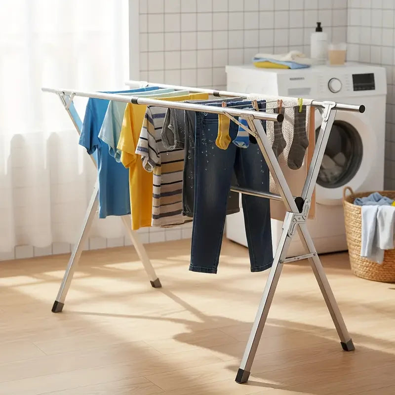 Folding Metal Drying Rack with 20 Hooks, Retractable Large Capacity X-Frame for Indoor & Outdoor Laundry Use