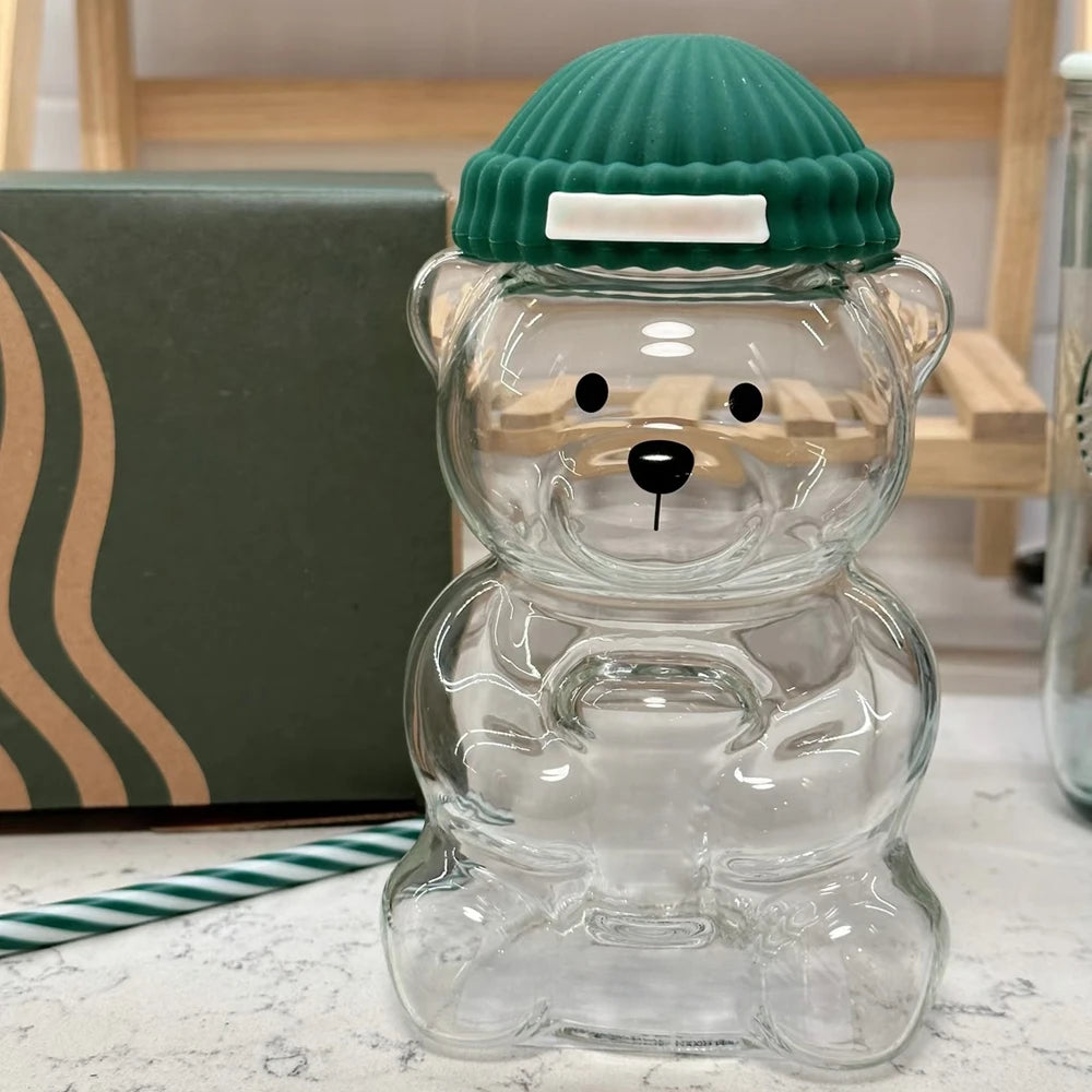 Christmas Bear Cartoon Glass Coffee Cup Star%bk Straw Lid Cold Drink Container Christmas Gift for Family and Friends