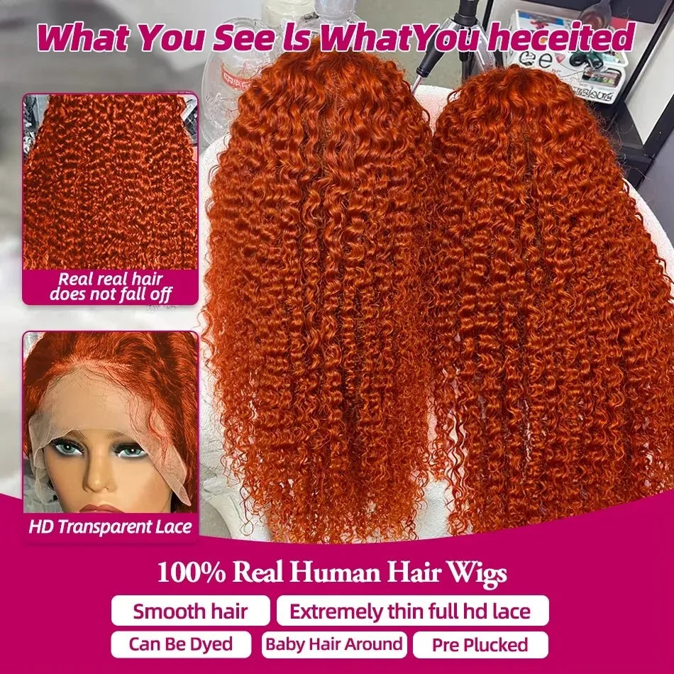 SIXQUEEN 30 34 Inch Ginger Orange Deep Wave 13x6 Lace Frontal Wig Human Hair Curly 350 Colored 13x4 Lace Front Wigs 260 Density
