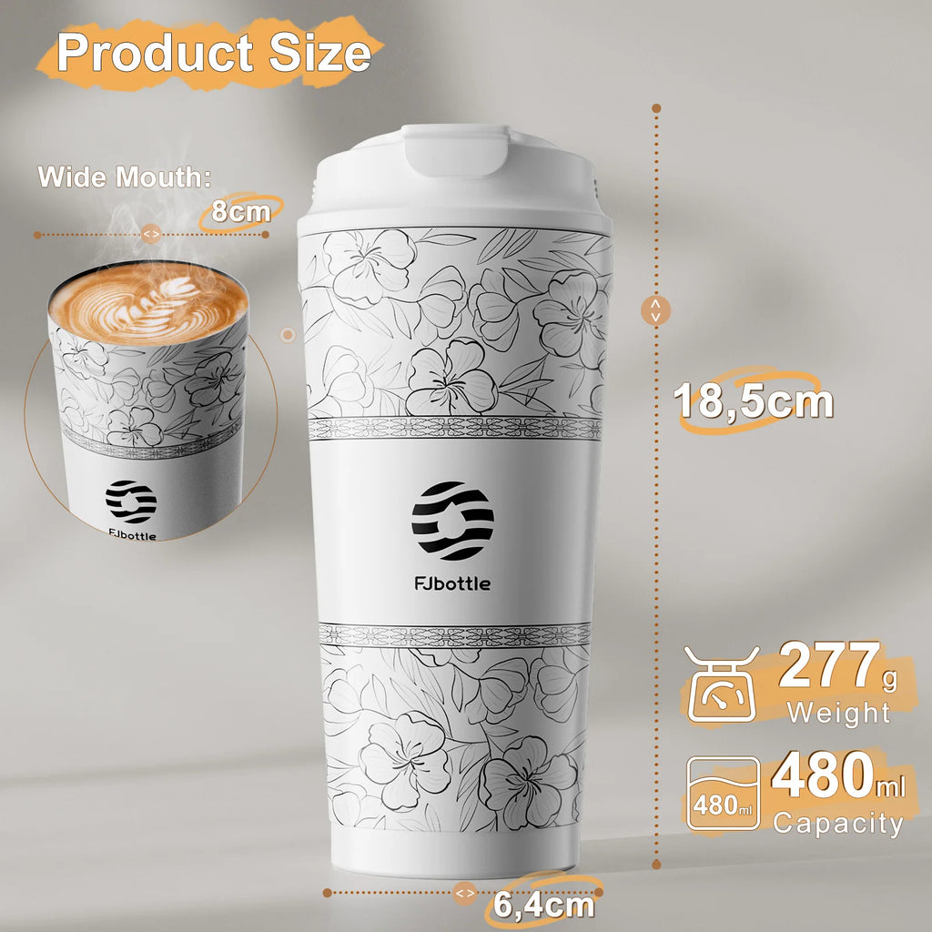 Fjbottle 500ml Flower Coffee Mug Stainless Steel Vacuum Flask Straw and Direct Drinking Insulated Tumbler Coffee Cup