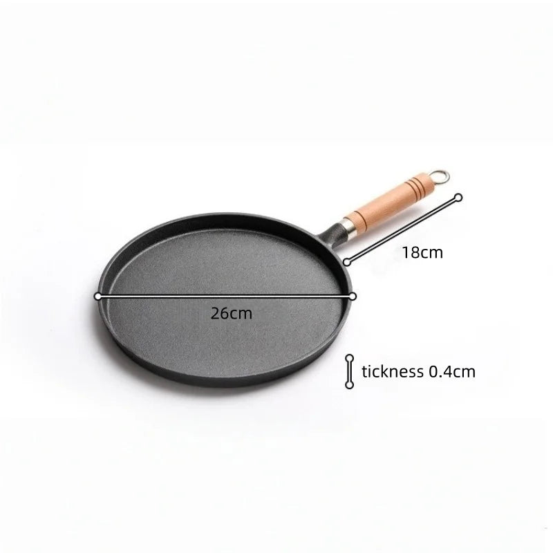 JUSTINLAU Cast iron Frying Pan Uncoated Flat-bottomed Pan Nonstick Steak Pancake Barbecue Baking Pan with Anti-scald Wood Handle