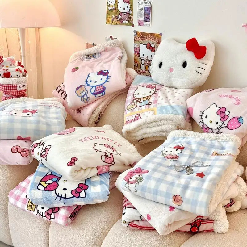 Sanrio New Thickened Plush Blanket Multifunctional Hello Kitty Kuromi Kindergarten Cartoon Nap Blanket Four Seasons Cute Blanket