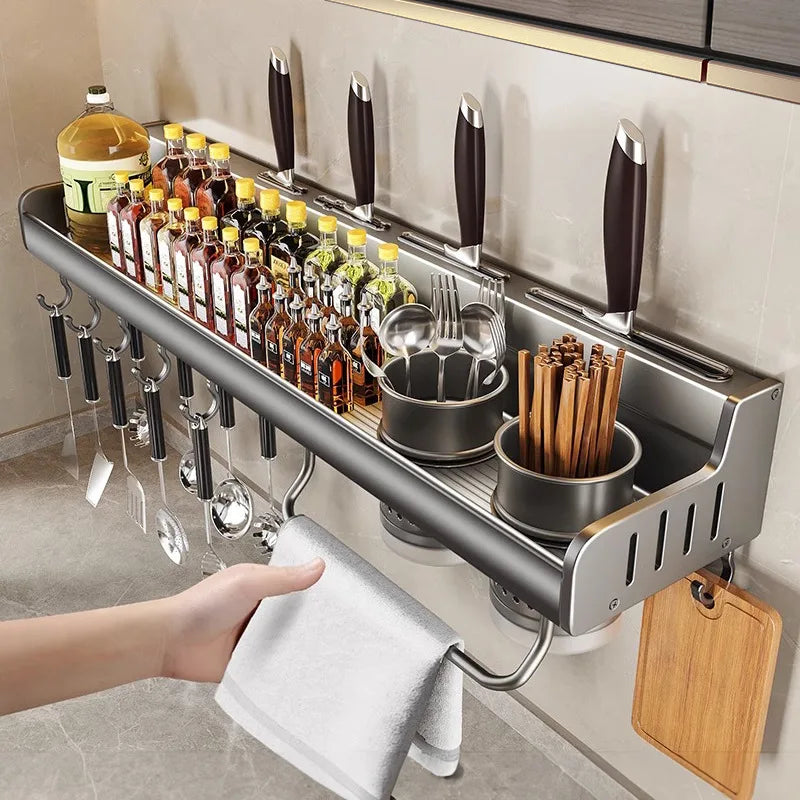 Kitchen storage rack, multi-functional, wall-mounted chopstick and knife rack without drilling, seasoning storage rack