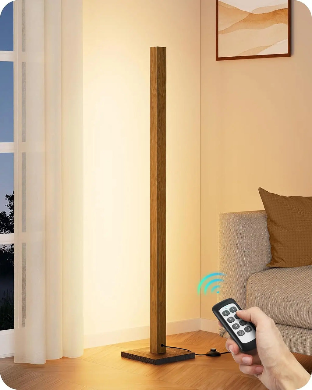 Modern Dimmable Wood LED Floor Lamp with Remote, 7 Color Temperatures for Living Room, Bedroom, Office