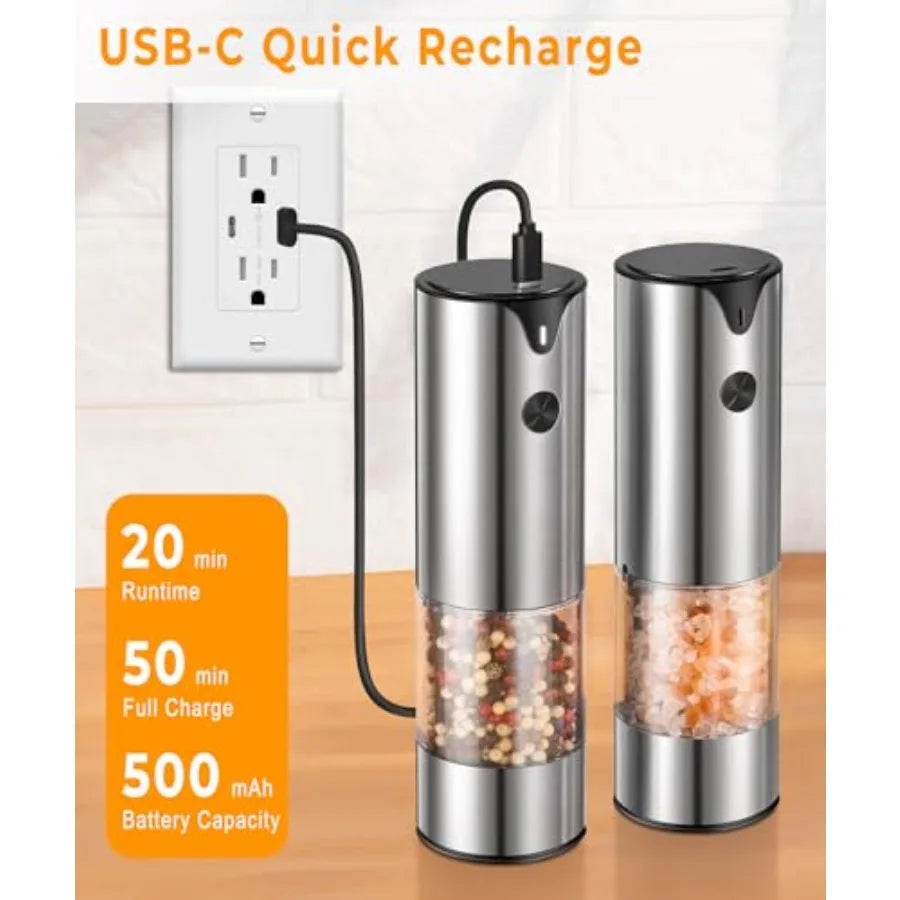 Rechargeable Electric Salt and Pepper Grinder Set with Extra Large Capacity Automatic Black Peppercorn Sea Salt Spice Mill in B