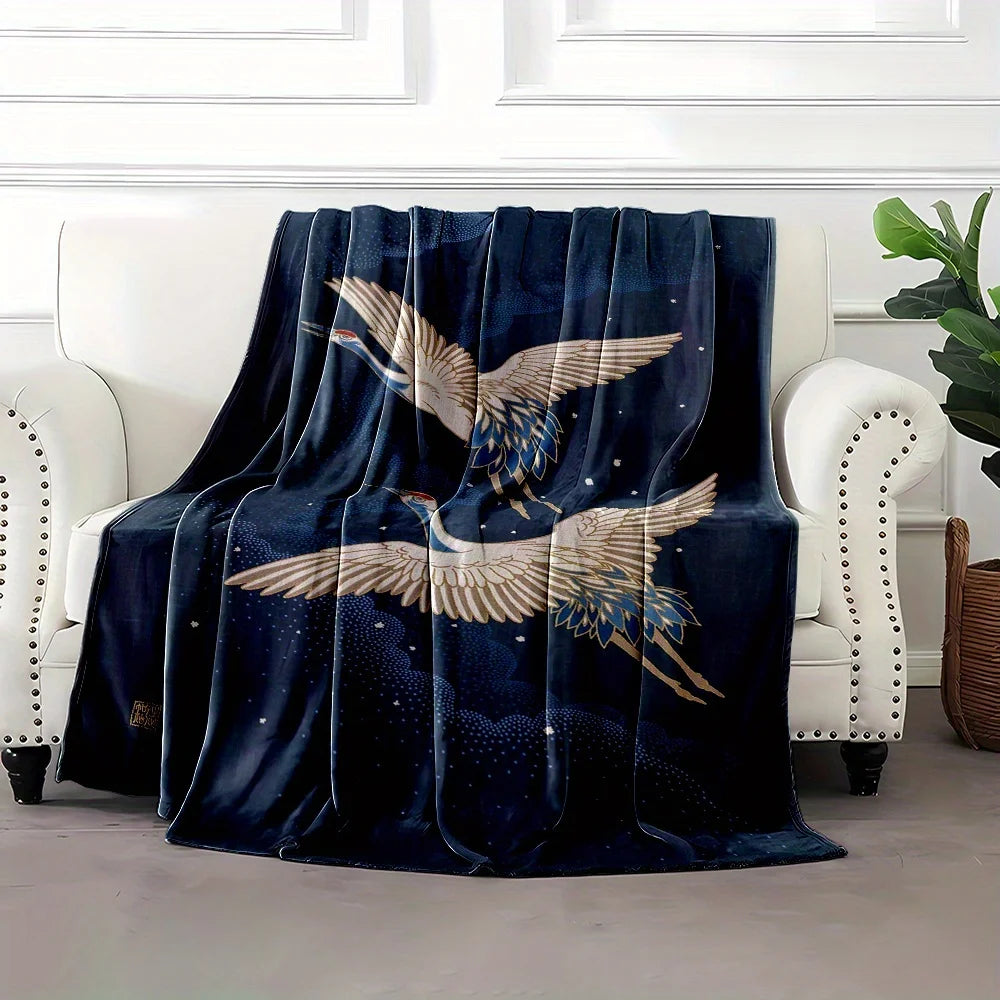 "Elegant Flying Birds Blanket, Night Sky and Star Pattern Throw for Home Decor, Soft Fleece Material, Multiple Sizes Available"