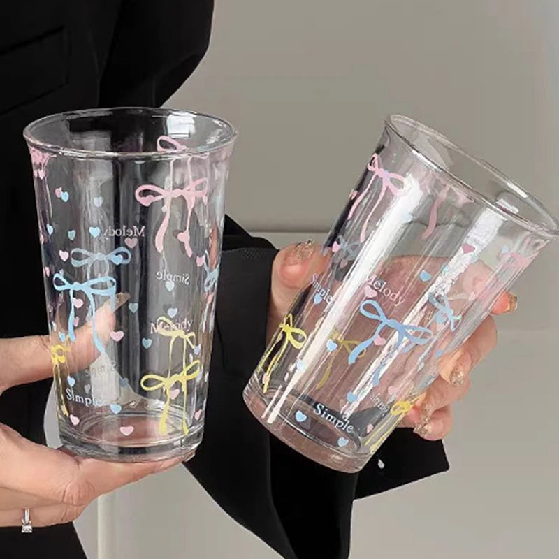 Glass Cute Water Cup Cartoon Bow Glass Cup Striped Cute Doodle Coffee Mug Household Fruit Tea Lemonade Girls Gift