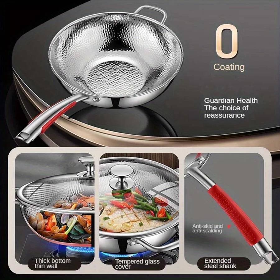 Pure Titanium Round Bottom Wok Uncoated Non-stick Pan Can Be Used in Concave Induction Cooker, Household Stir-frying