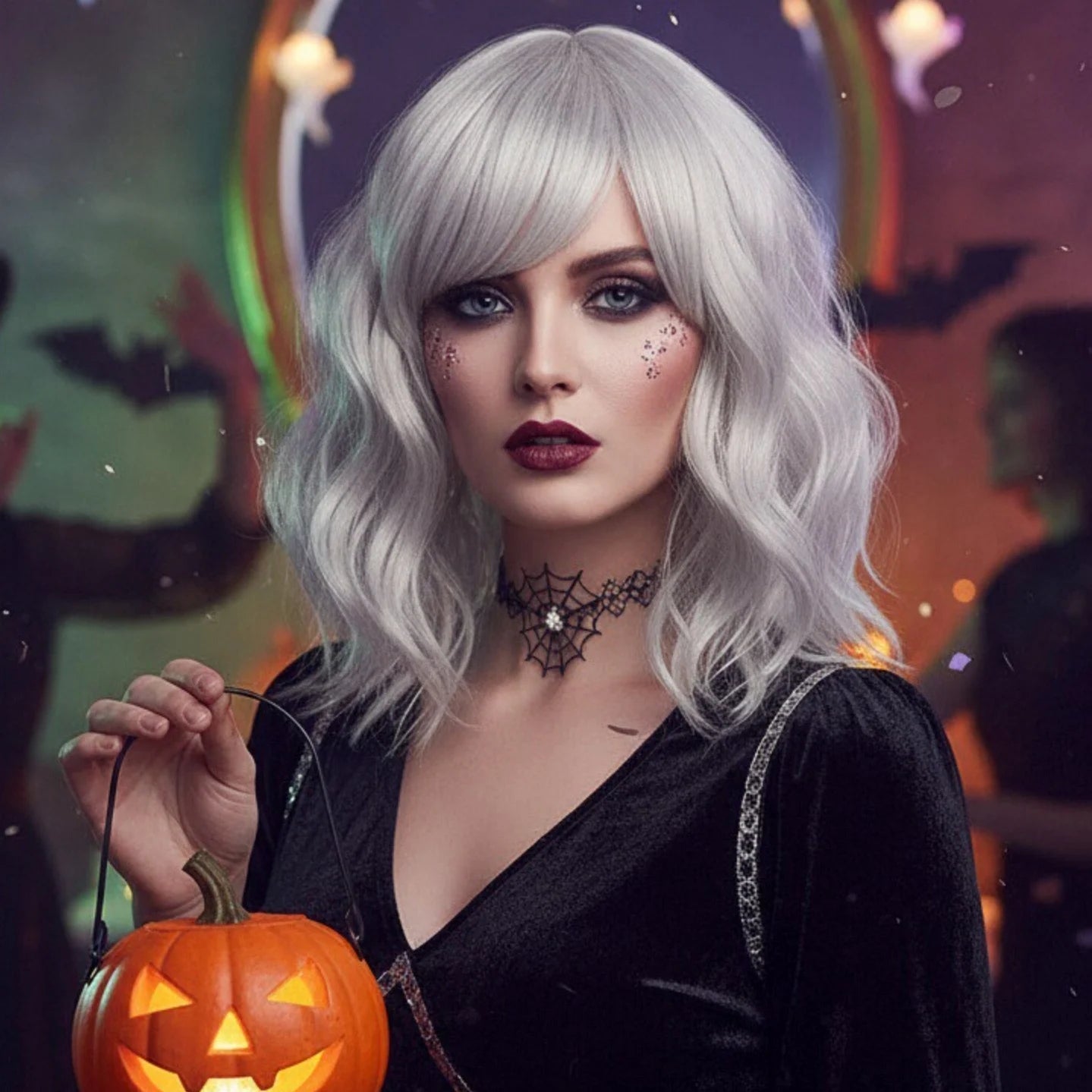 MSIWIGS Short Wig Grey White Wavy Cosplay Red Wig with Side Bang for Women Party Costume Lolita Synthetic Hair