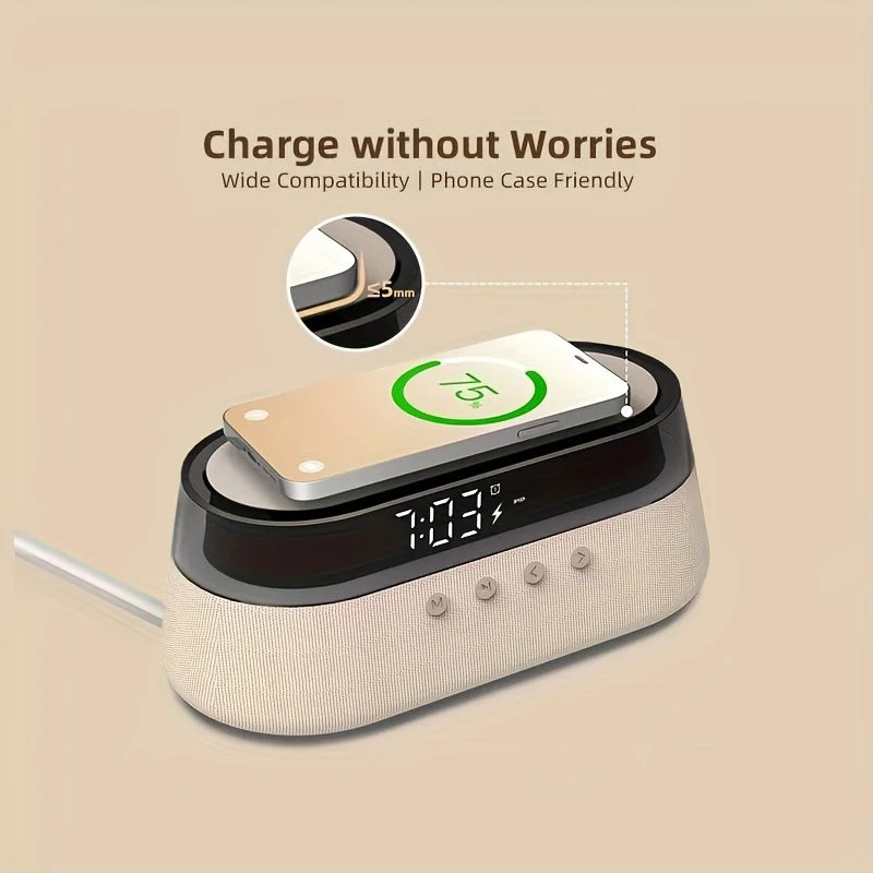 Aretelo 6-in-1 Bedside Wireless Charging Clock, 12/24H Multi-Mode Digital AlarmClock, FM Radio, Bluetooth Speaker, Smart Night L