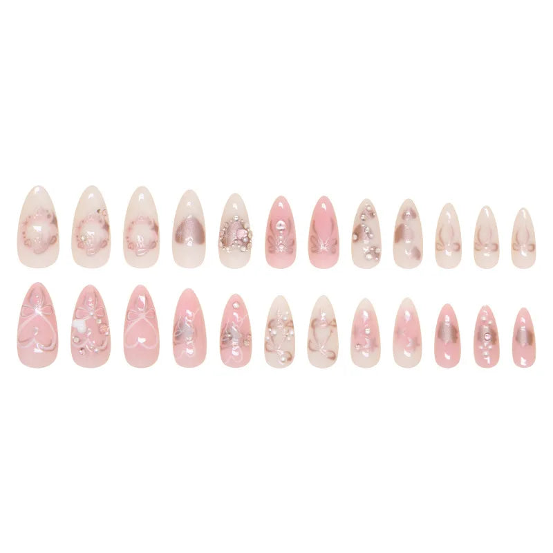 10pcs Sweet False Nail Patches Detachable Fake Nail Tips With Bowknots Love Heart Pearl Design Pink Almond Korean Press On Nail
