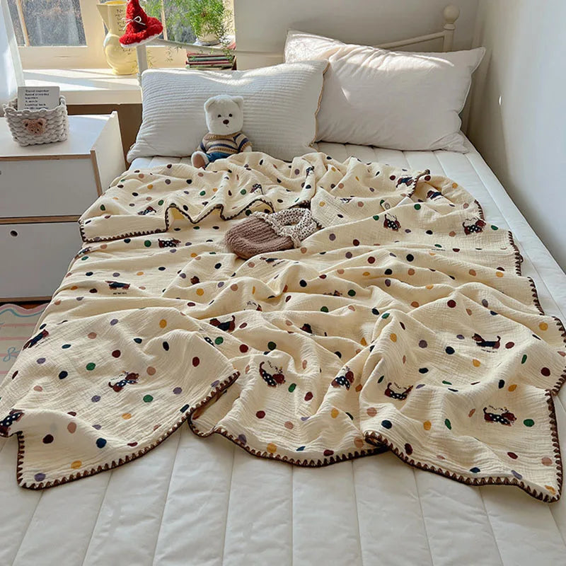 Korean Pure Cotton Multi-Purpose Blanket Cartoon Casual Shawl for Travel Airplane Kids Adults Air Conditioning Blanket for Home
