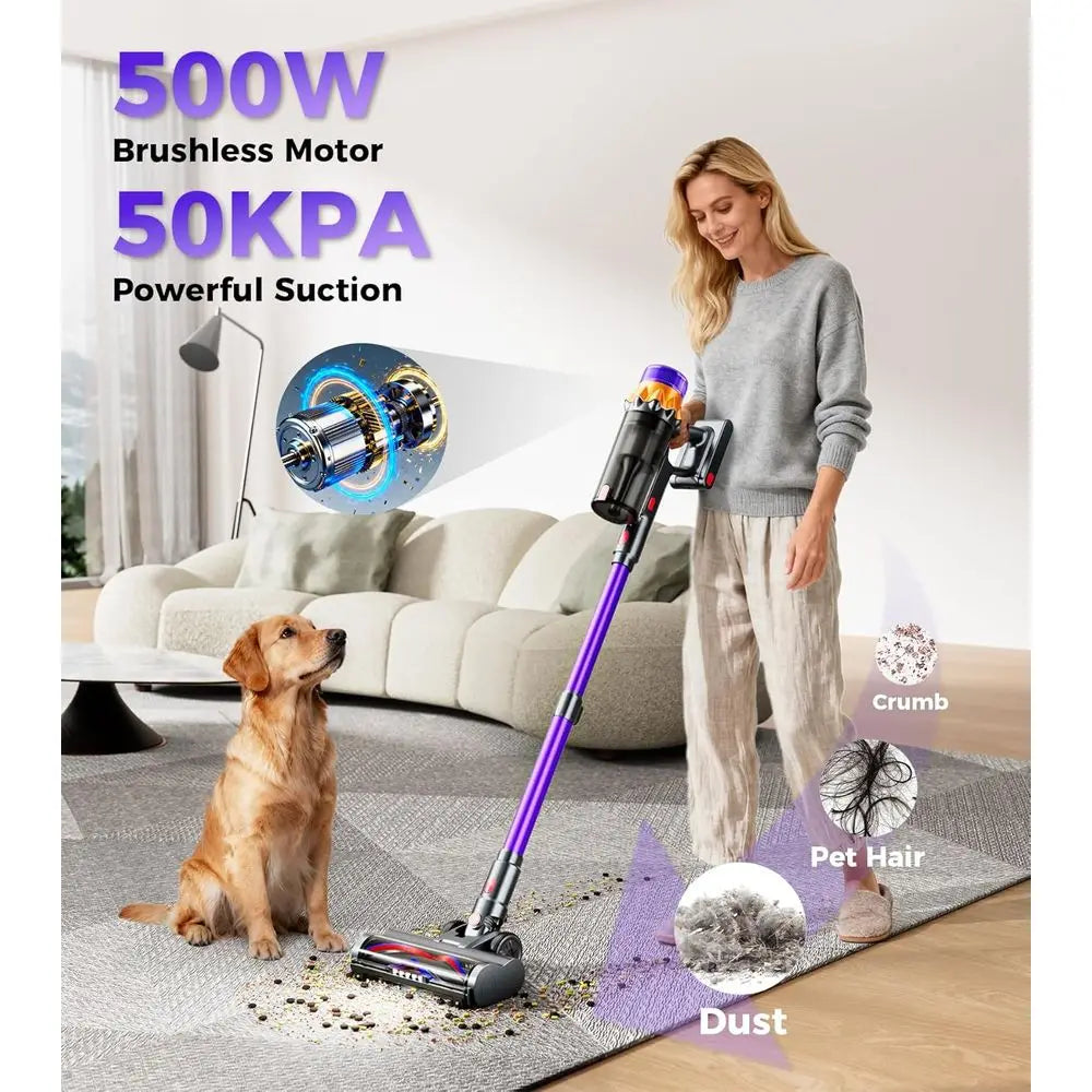 500W 50KPA Cordless Vacuum Cleaner with 60-Minute Run Time, LED Display, Anti-Tangle, Lightweight for Home and Pet Hair Removal