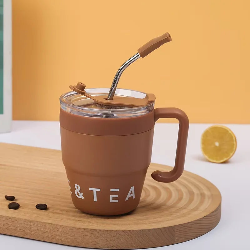 480ml Stainless Steel Coffee Cup with Straw Lid Thermos Mug Portable Water Tea Milk Bottle for Hot And Cold Drinks Office