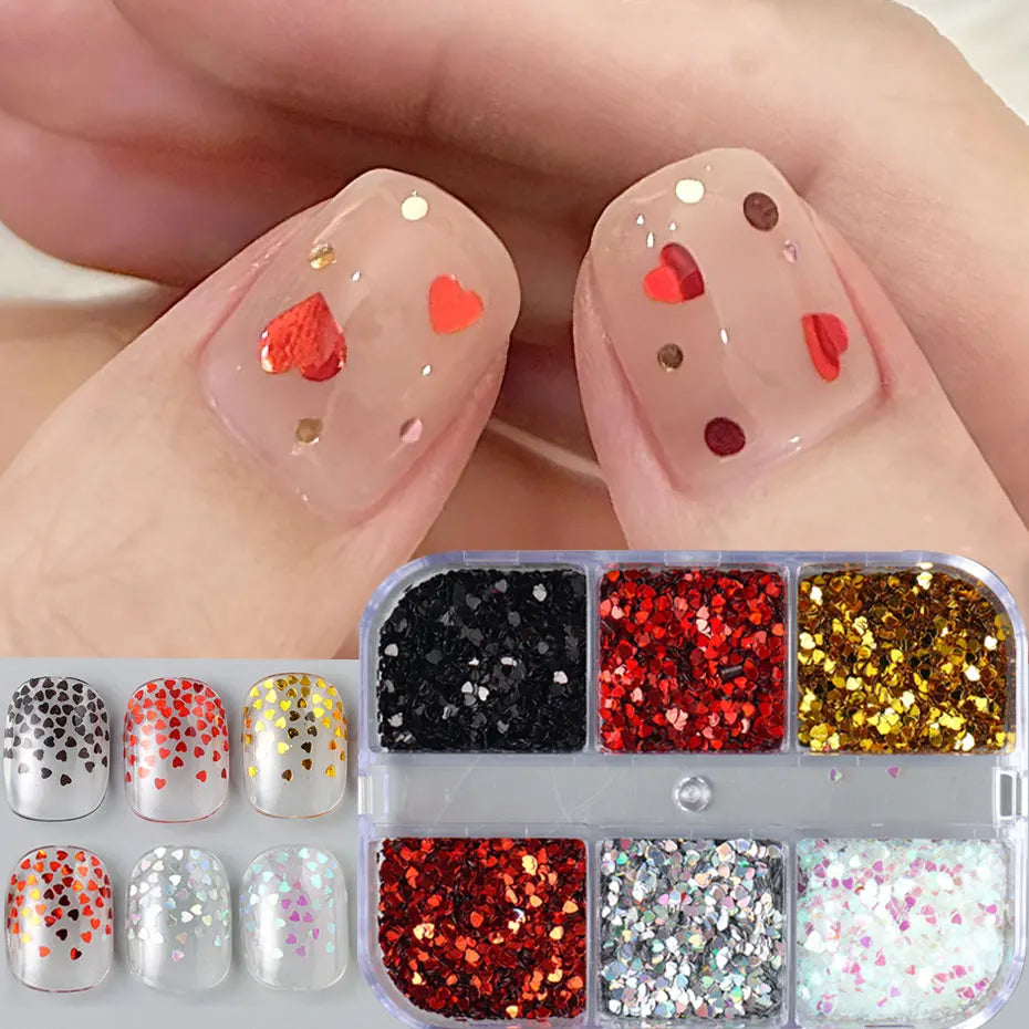 6 Grids Y2K Cute Heart Glitter Nail Sequins Kawaii Mini Golden Laser Silvery Love Nail Flake Korean Star DIY Nail Charm Supplies