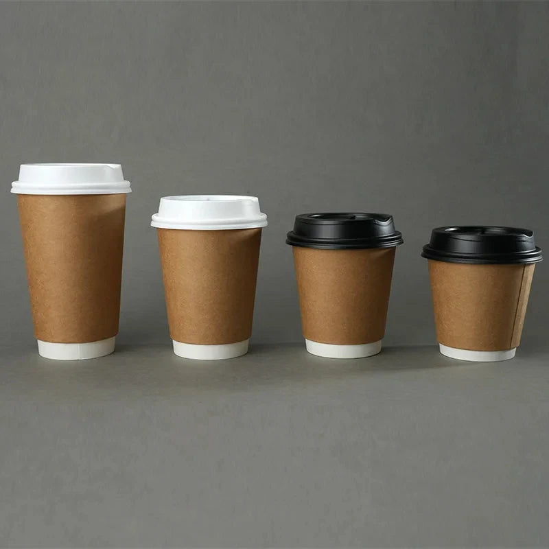8/10/12/16oz Disposable Kraft Paper Coffee Cup With Lid Hot Cold Beverage Party Accessorie Insulation Takeaway Double-Layer