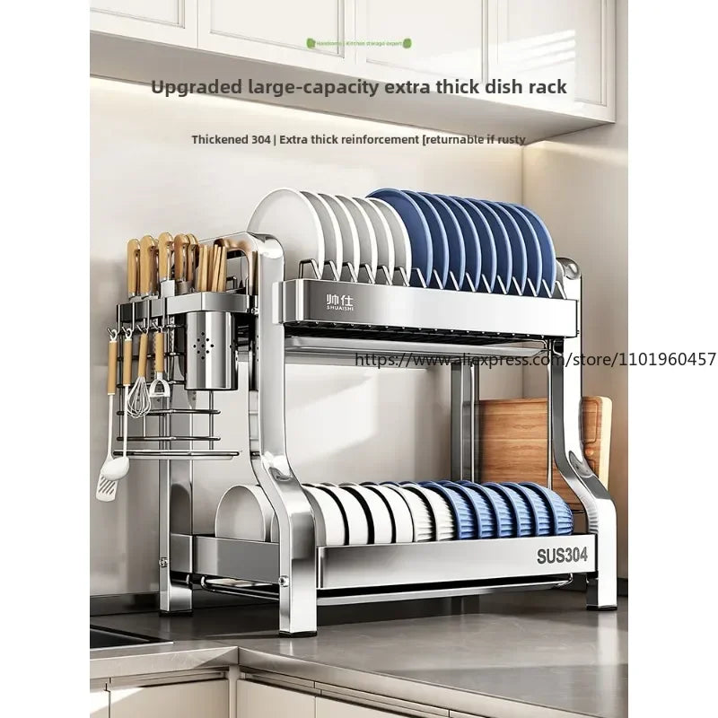 304 Stainless Steel Dish Storage Rack Kitchen Multifunctional Storage Dish Drain Rack Countertop Kitchen Accessories