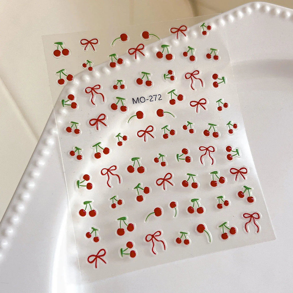 Kawaii Cherry Bow Nail Stickers 5D French Cute Red Bow Fruit Design Self Adhesive Decoration Nails Stickers DIY Nail Accessories