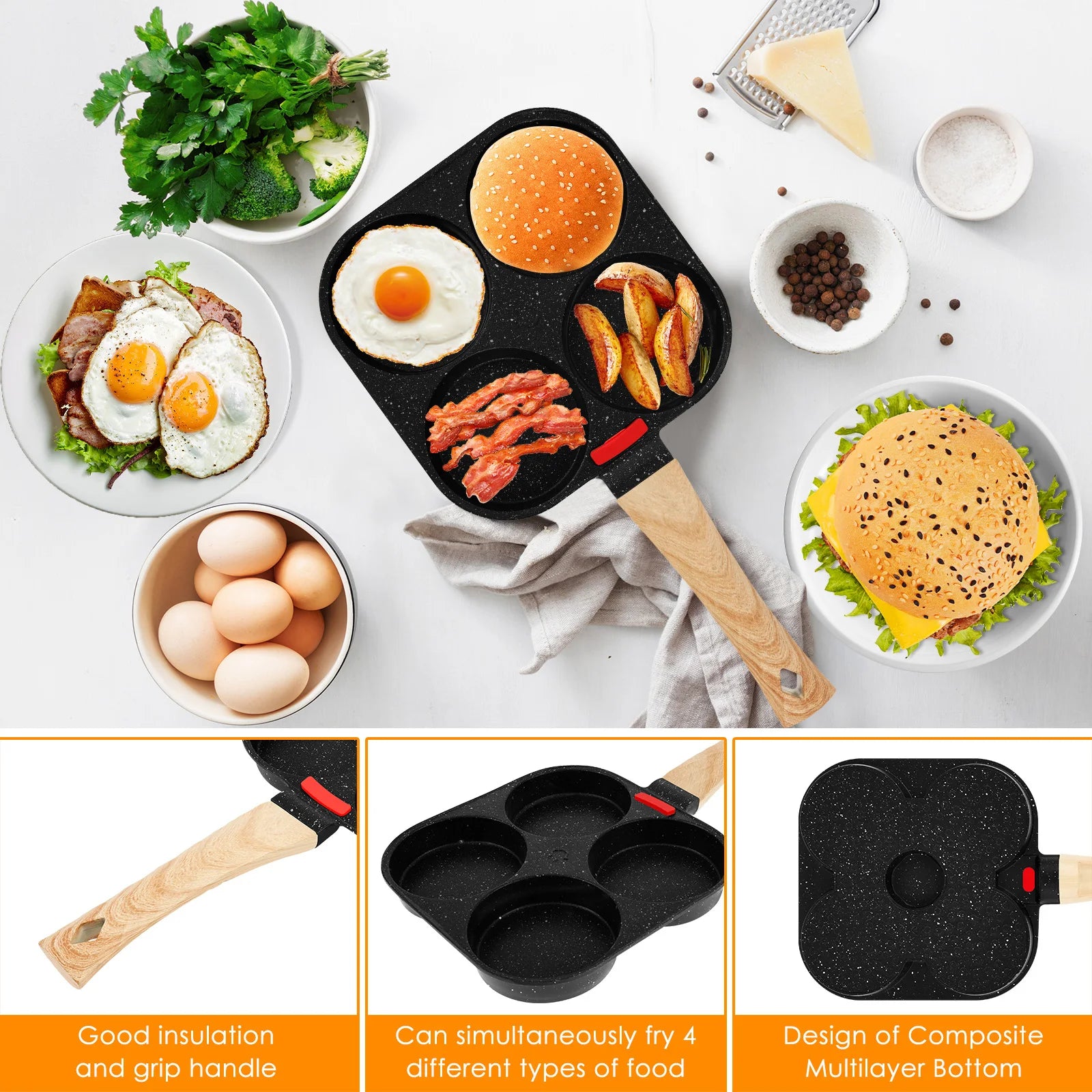 4 Cup Egg Frying Pan Nonslip Omelette Pan Skillet with Oil Brush and Lid Pancake Skillet for Gas Stove Induction Cookware