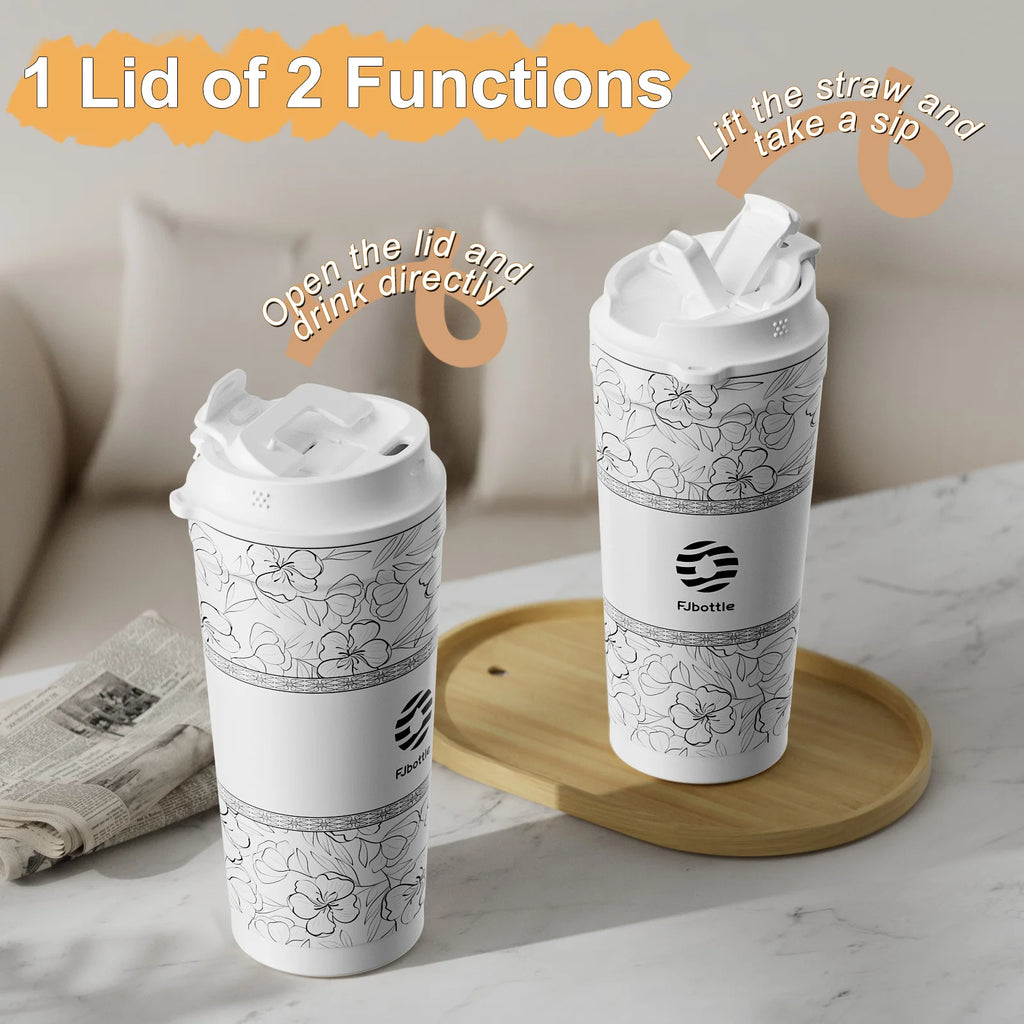 Fjbottle 500ml Flower Coffee Mug Stainless Steel Vacuum Flask Straw and Direct Drinking Insulated Tumbler Coffee Cup