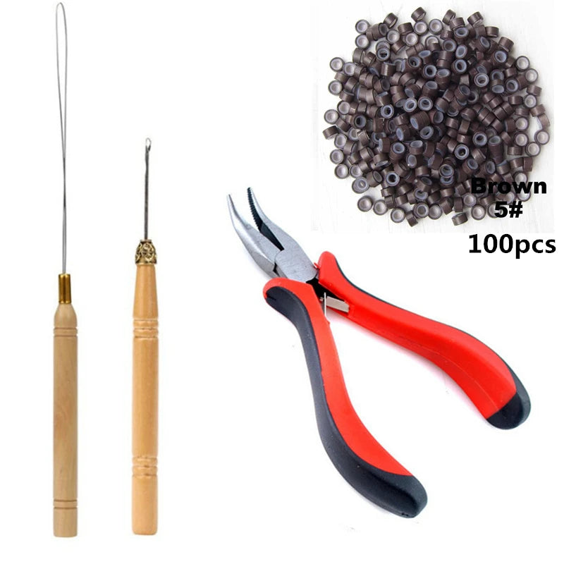 I-Tip Hair Extension Tool Kit with Pliers Pulling Hook Bead Device 100 Pcs 5mm Micro Links Rings Beads Set for Hair Extensions