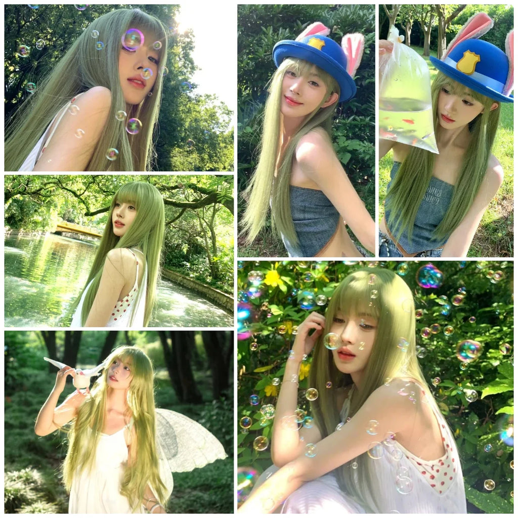Allbell Magique Mint Green Long Straight Synthetic Wig With Blunt Bangs Natural Look Green Cosplay Wig For Women Versatile Daily