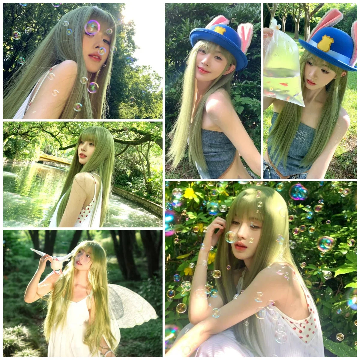 Allbell Magique Mint Green Long Straight Synthetic Wig With Blunt Bangs Natural Look Green Cosplay Wig For Women Versatile Daily