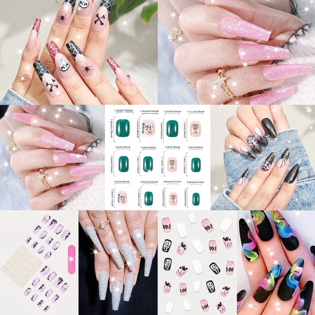24Pcs Short Square Coffin False Nails French Glitter Wearable Fake Nails Acrylic Full Cover Women Ballet Press on Nails Tips