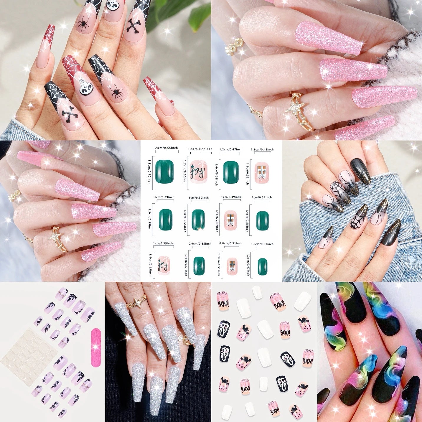 24Pcs Short Square Coffin False Nails French Glitter Wearable Fake Nails Acrylic Full Cover Women Ballet Press on Nails Tips