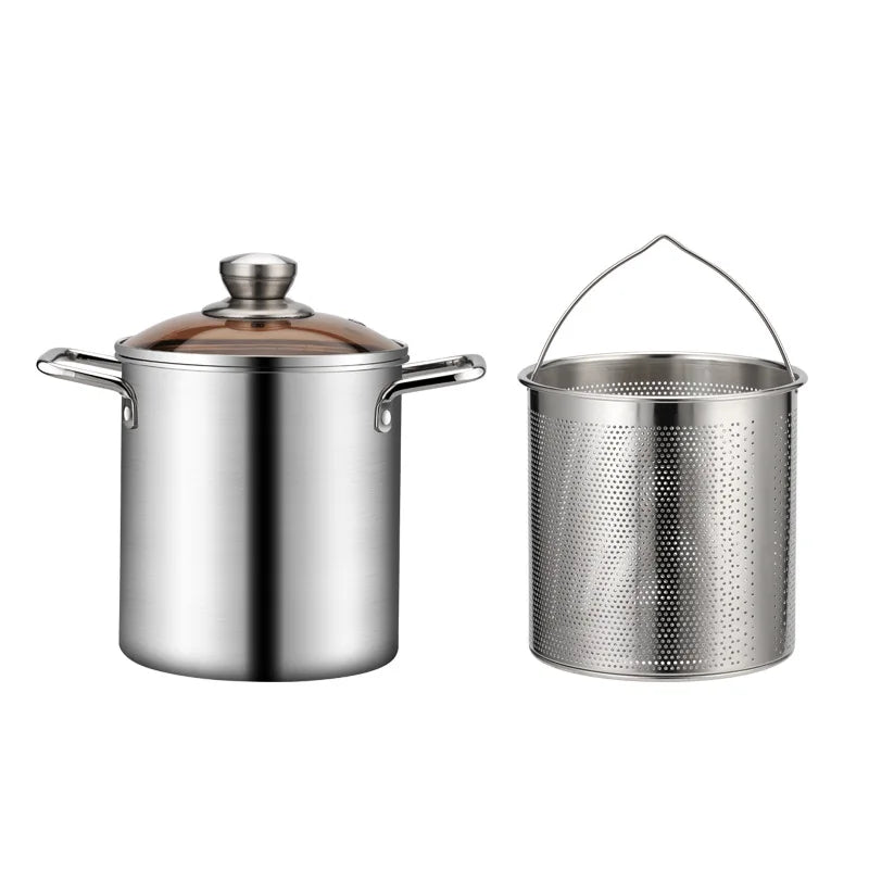 LMETJMA 3L Deep Fryer Pot Stainless Steel Frying Pot With Mesh Steamer Basket Japanese Tempura Fryer Pot with Lid and Tong JT230