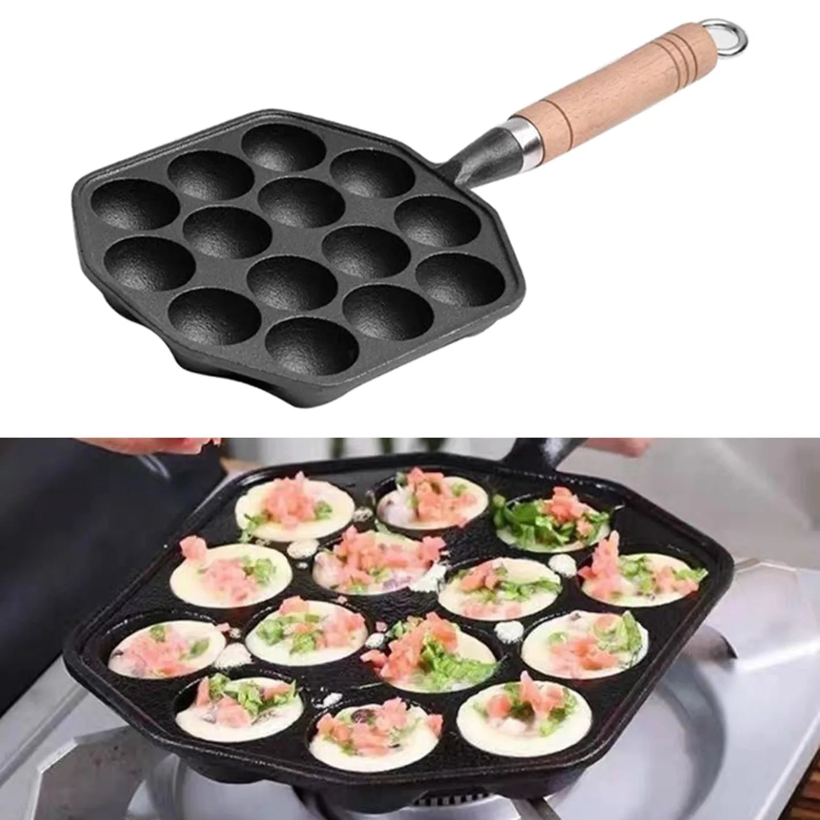 Octopus Meat Ball Mold Maker Easy To Clean 14 Holes Takoyaki Grill Pan Cast Iron Thickened Detachable Handle for Kitchen