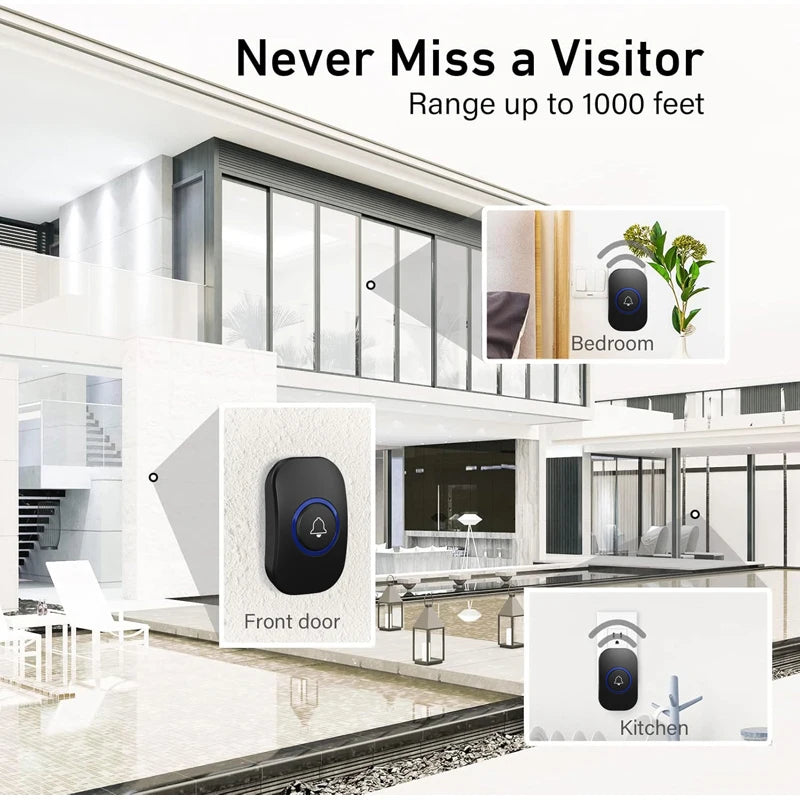 Plug-and-play wireless 1000-foot range doorbell, suitable for home, children's room, office, 115dB, with 32 ringtones, wireless