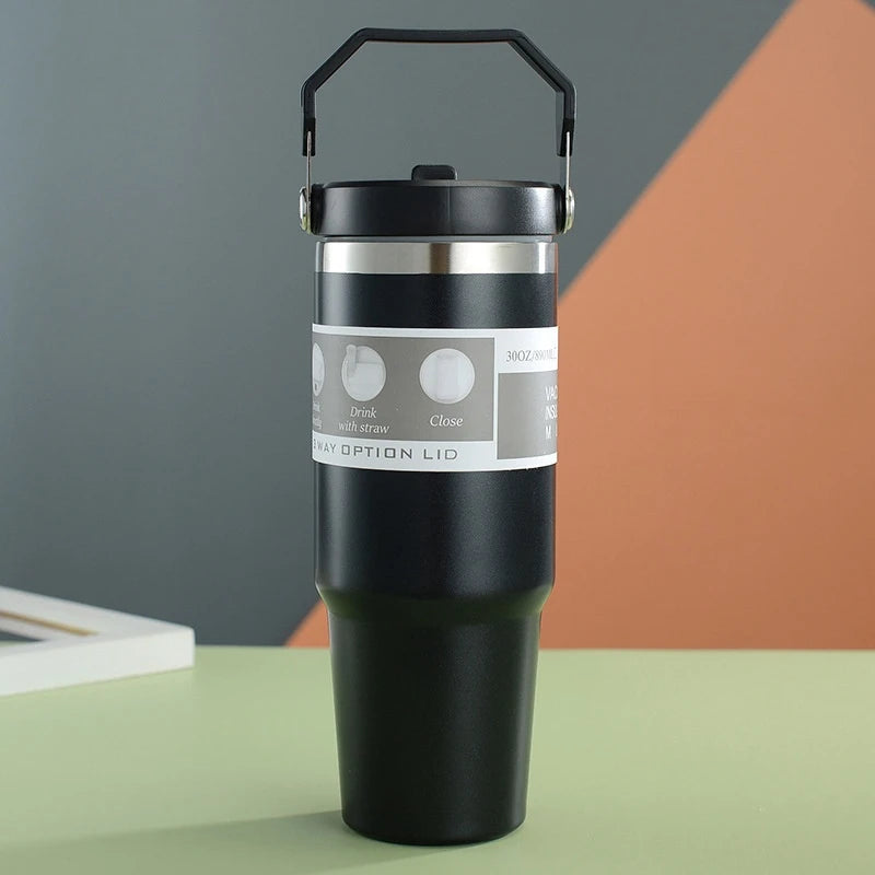 30oz Large Capacity Portable Car Cup Stainless Steel Thermos Bottle with Straw & Handle Travel Sports Water Bottle Vacuum Flask