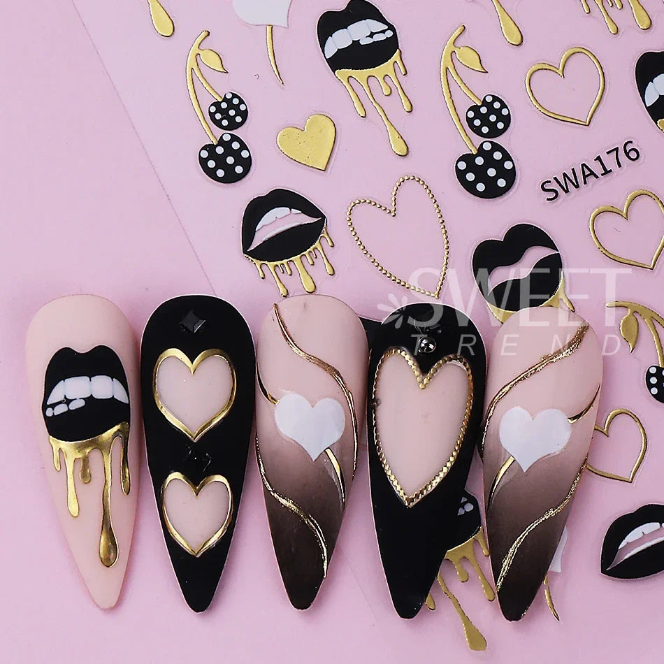 2pcs Black Lips Love Heart Nail Art Stickers Sexy Valentine Metal Line Love Cherry Self-adhesive Nail Decals DIY Manicure Decor