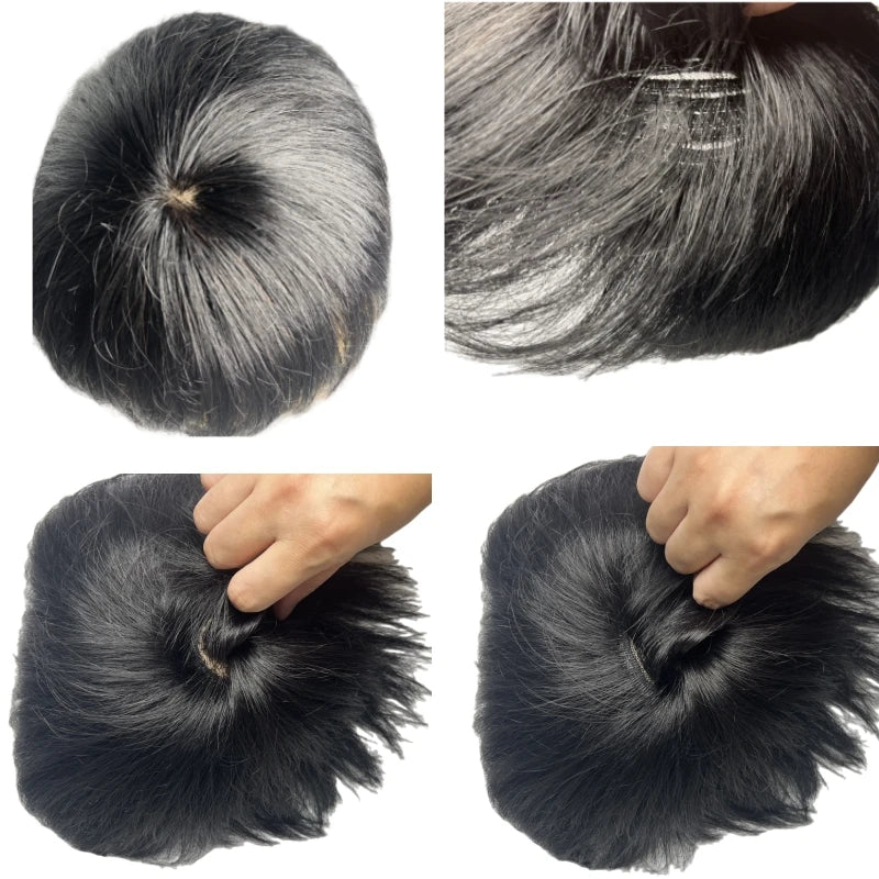 Short Real Human Hair Toupee with 4 Clips for Men's Baldness Prosthetic Wig Male Hair Replacement System Piece
