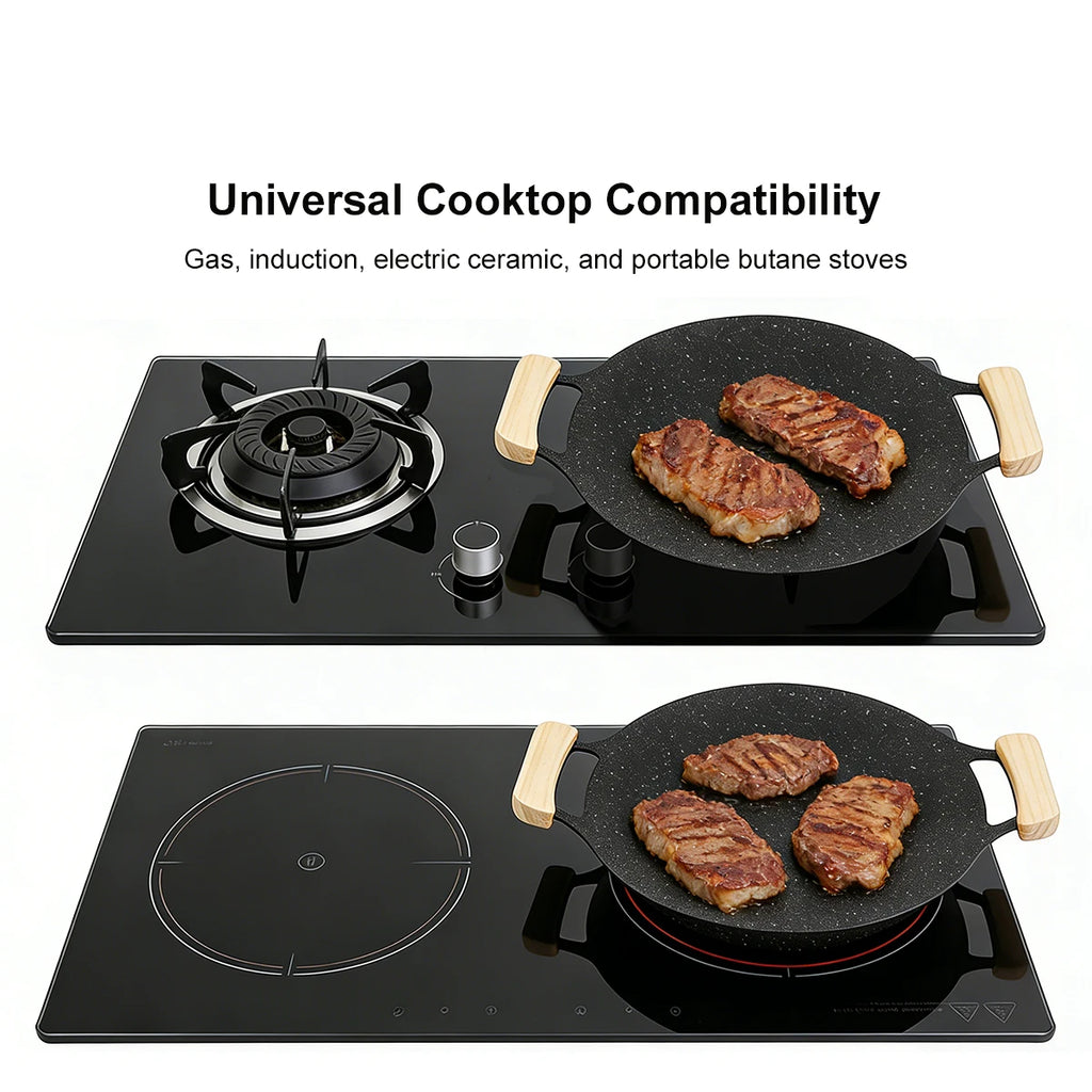 Korean Style Maifan Stone Non-Stick BBQ Grill Pan 12.6 Inch, Smoke-Free, Heat-Resistant Handle, Oil Drip Channel, Compatible wit
