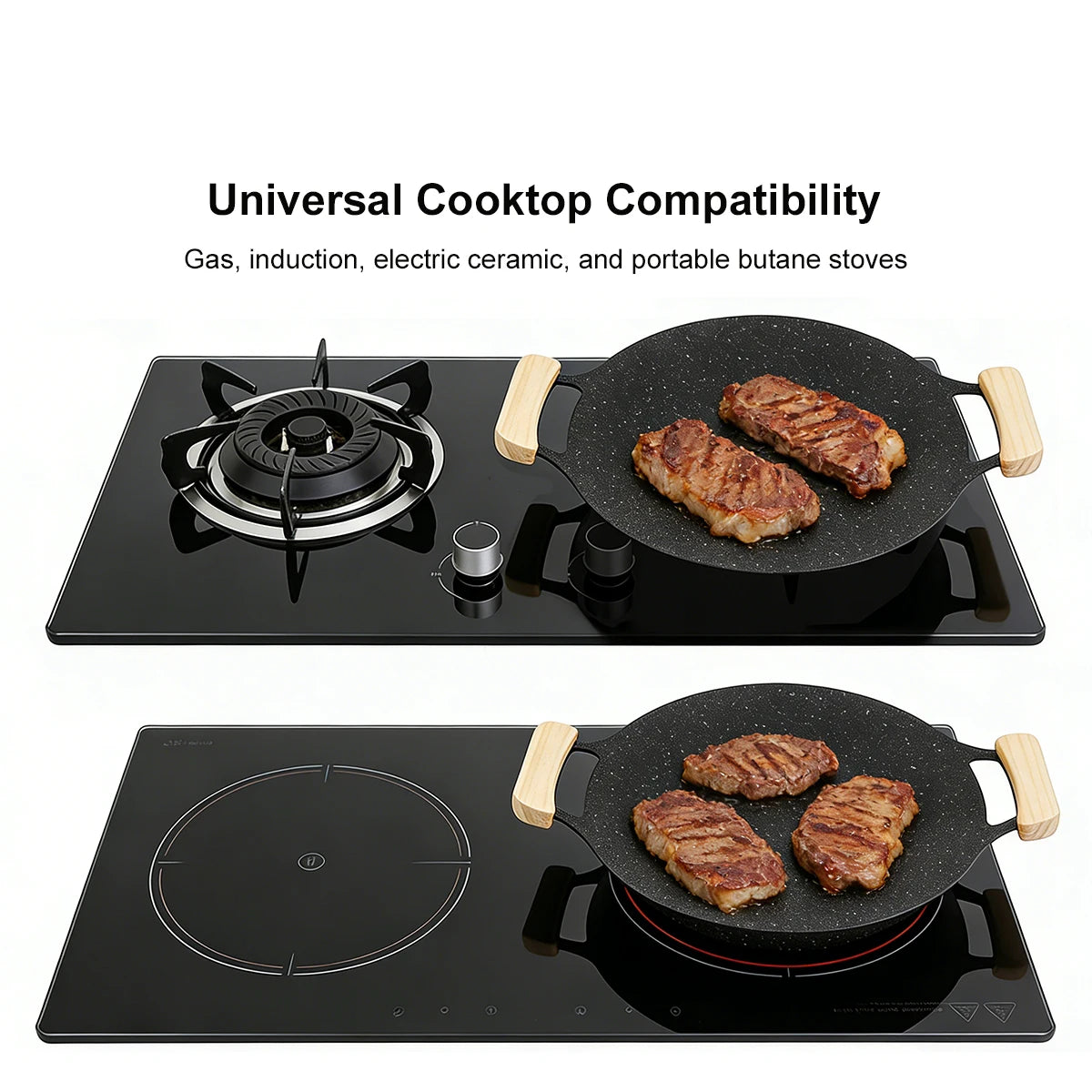 Korean Style Maifan Stone Non-Stick BBQ Grill Pan 12.6 Inch, Smoke-Free, Heat-Resistant Handle, Oil Drip Channel, Compatible wit