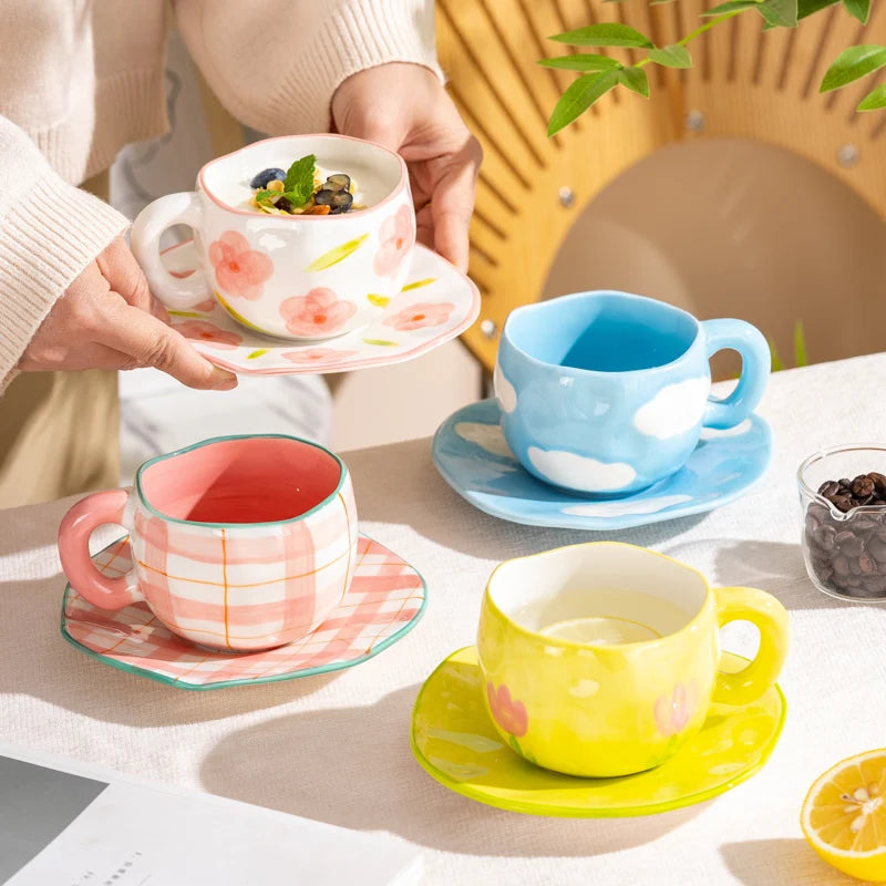 300ML Cute Hand Pinched Irregular Ceramic mug Flower Heart Pattern Coffee Cup Breakfast Milk tea cups Gift For Kids Girls