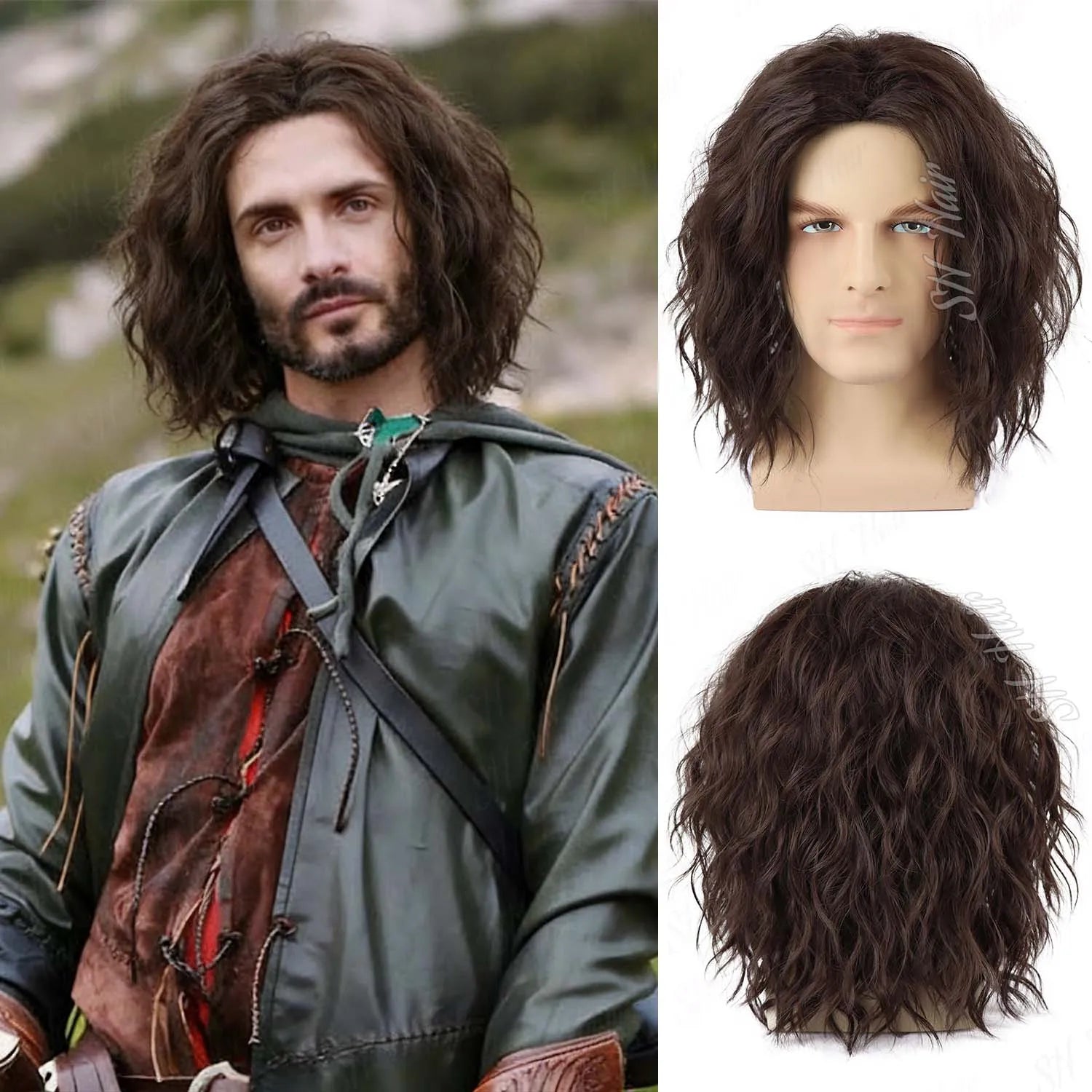 Synthetic Mens Black|Brown Curly Wig Middle Part 70s 80s Funny Wig for Retro Halloween Party Cosplay Use,Eric Draven|Aragorn Wig