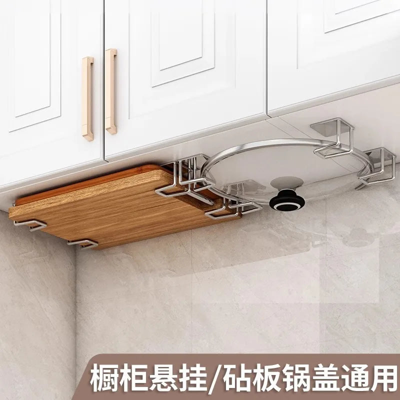 YM Portable Hidden Non-Porous Wall Mounted Kitchen Rack Stylish Pot Lid Rack Under the Cabinet Modern Cutting Board Storage Rack