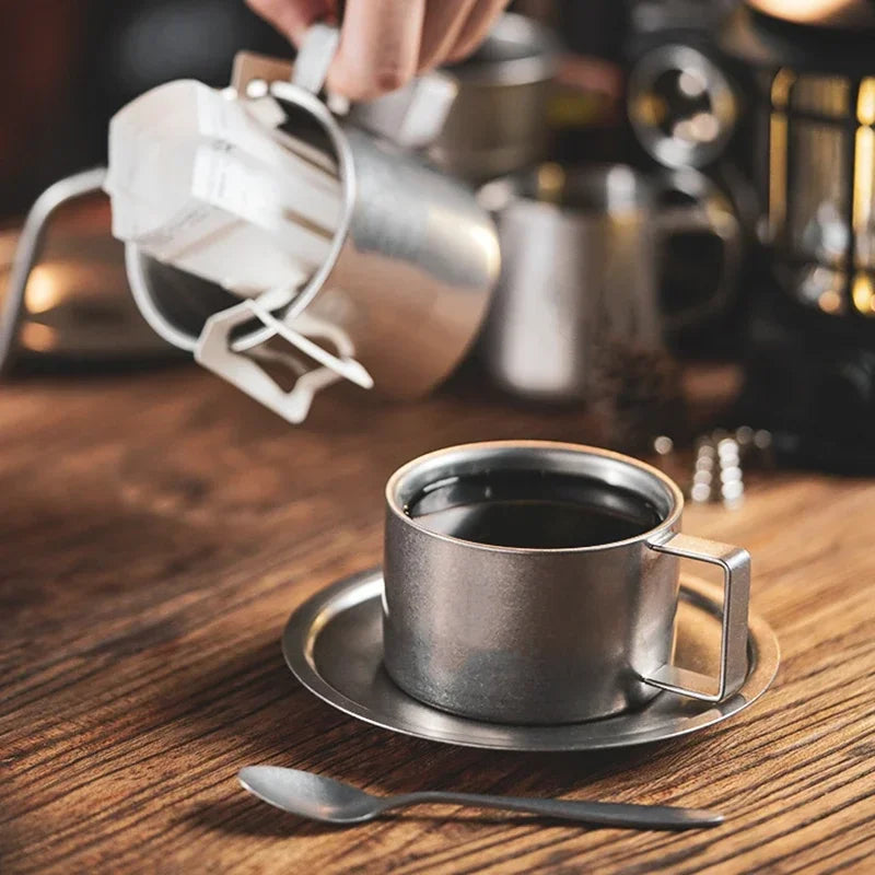 Retro Series Coffee Cup Set Double Wall 304 Stainless Steel with Coffee Spoon Coffee Disc Frosted Industrial Style Tea Cup Set