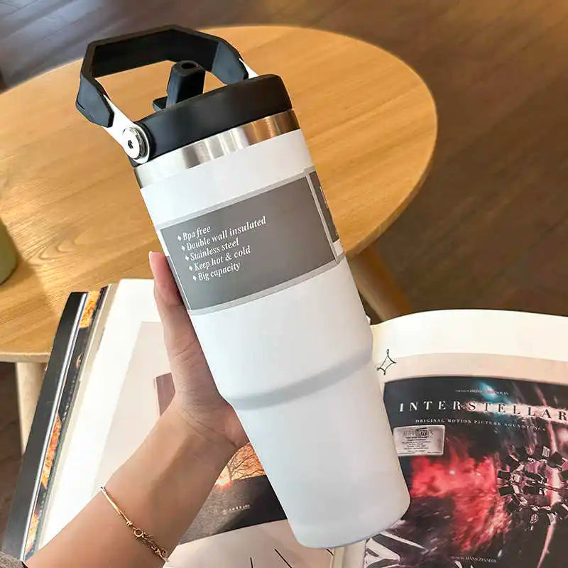 600/890ML Stainless Steel Thermos Mug With Straw Keeps Cold and Heat Thermal Mug  Car Insulated Flask Water Tumbler for Outdoor