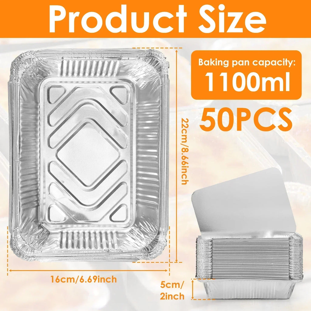 50/100pcs Aluminum Foil Trays with Lids Non-Stick Baking Pans Food Grade BBQ Bowl for Air Fryer Oven Baking Cooking Kitchen Tool