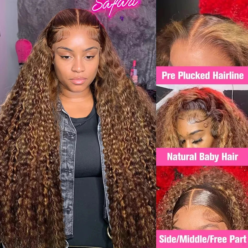 30 36 Inch 13x4 13x6 HD Highlight Ombre Curly Lace Frontal Human Hair Wigs Honey Blonde Colored Deep Wave Frontal Wigs For Women