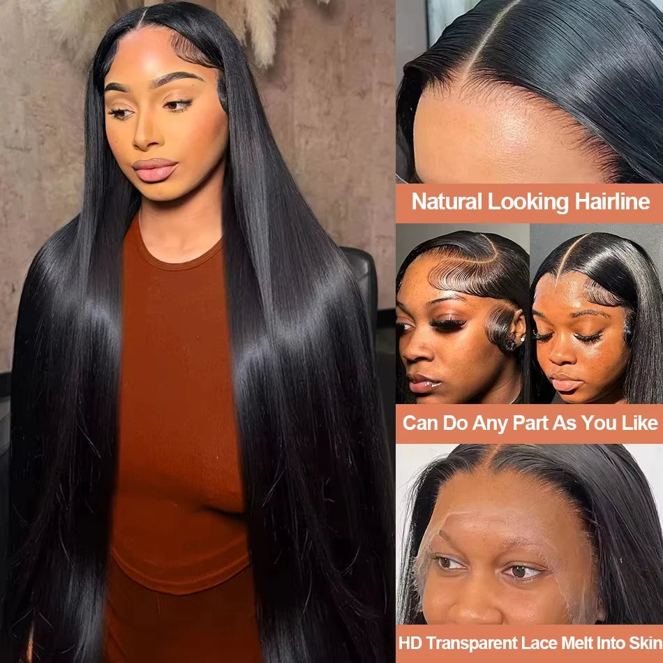 220% 40 42 Inch 13x6 Bone Straight HD Lace Front Human Hair Wigs Brazilian Pre Plucked 250 Density Lace Frontal Wig For Women