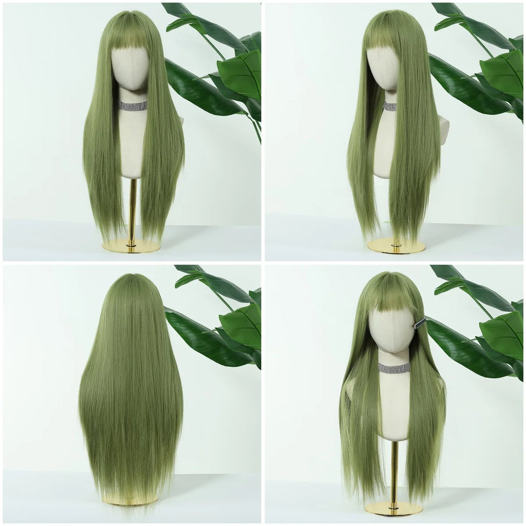 Allbell Magique Mint Green Long Straight Synthetic Wig With Blunt Bangs Natural Look Green Cosplay Wig For Women Versatile Daily