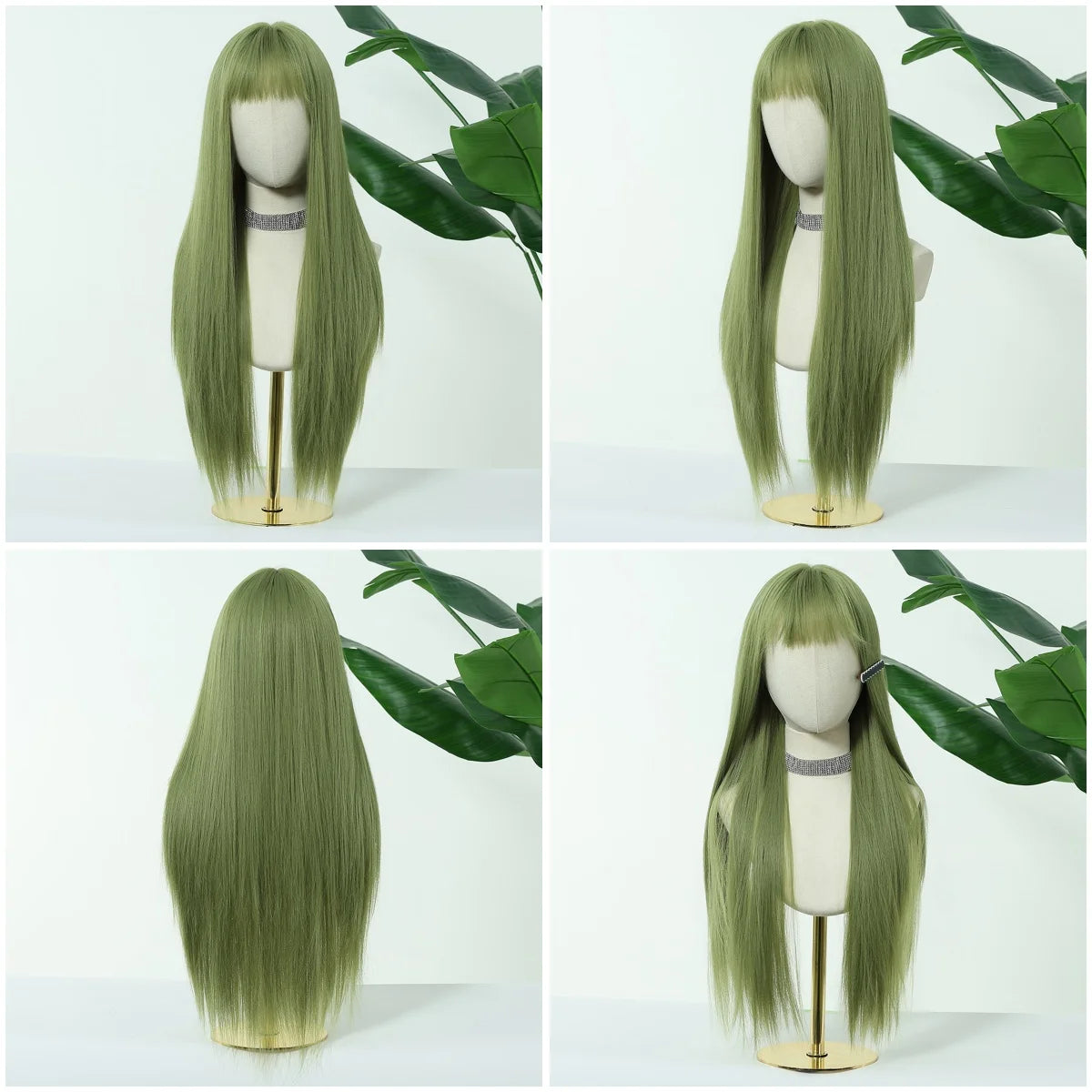 Allbell Magique Mint Green Long Straight Synthetic Wig With Blunt Bangs Natural Look Green Cosplay Wig For Women Versatile Daily